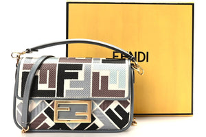 FENDI Canvas Vitello Seta FF Multicolor Embroidered Mini Baguette Multicolor Anice Tortora 4