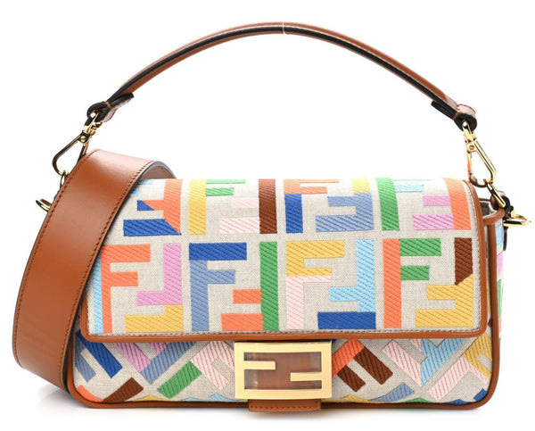 FENDI  Kuban Canvas Vitello King FF Embroidered Baguette Grezzo Multicolor