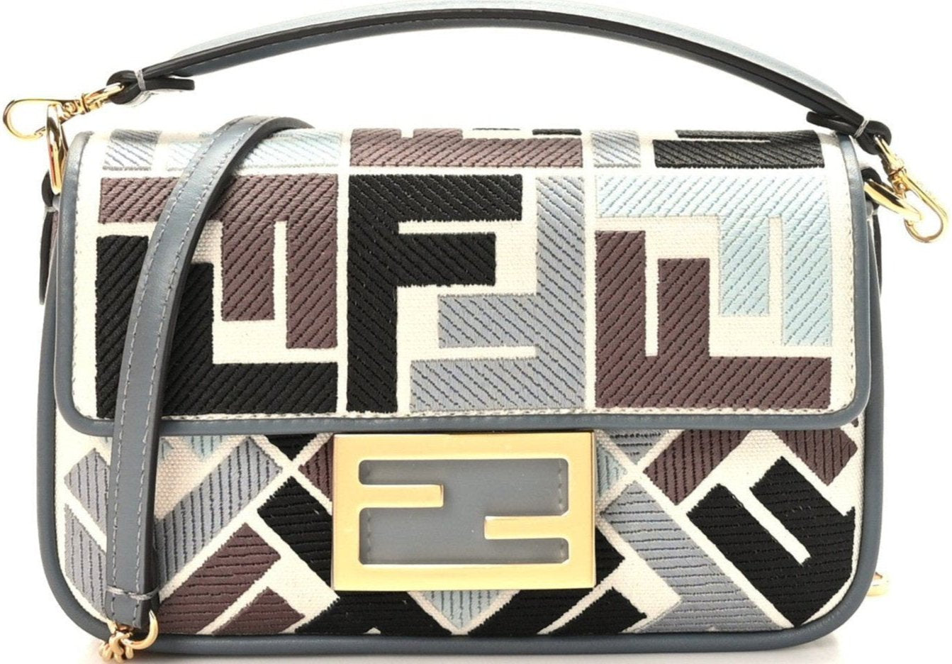 FENDI Canvas Vitello Seta FF Multicolor Embroidered Mini Baguette Multicolor Anice Tortora