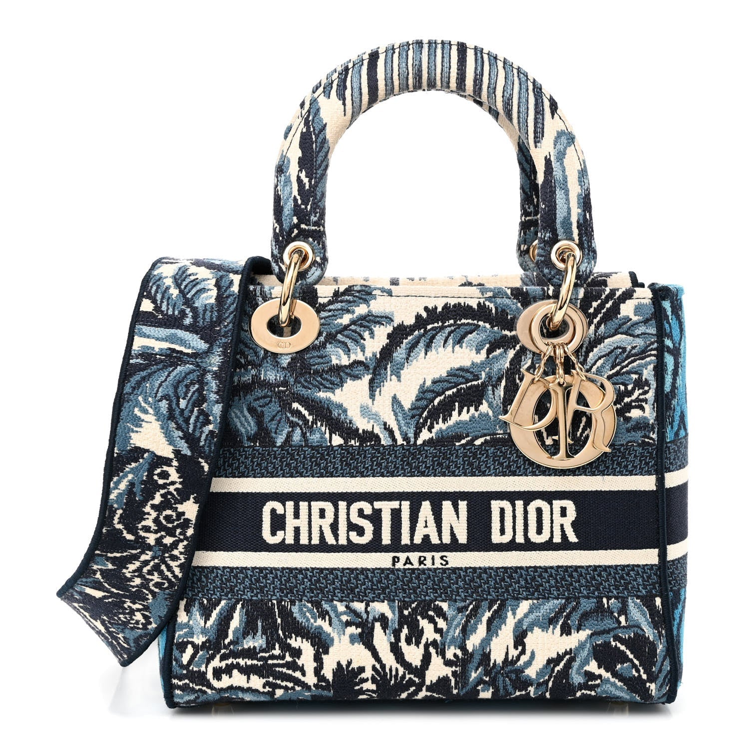 Christian Dior Canvas Embroidered Palm Tree Toile De Jouy Medium Lady "D-Lite Blue"