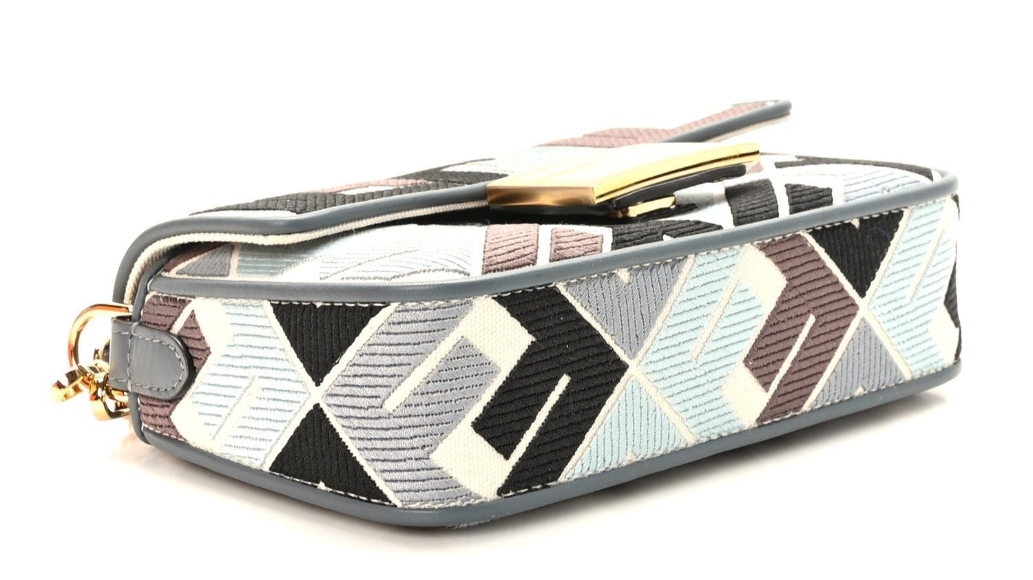 FENDI Canvas Vitello Seta FF Multicolor Embroidered Mini Baguette Multicolor Anice Tortora