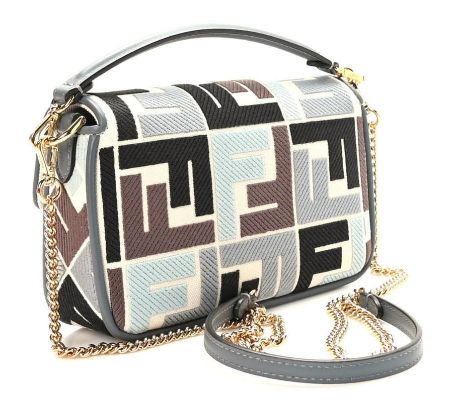 FENDI Canvas Vitello Seta FF Multicolor Embroidered Mini Baguette Multicolor Anice Tortora 3